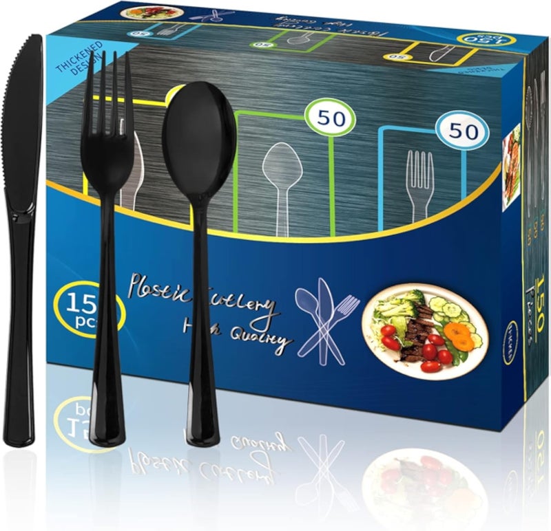 150 PCS Black Plastic Silverware Set - 50 Spoons, Forks, Knives - Disposable Cutlery for Parties, Weddings, Picnics
